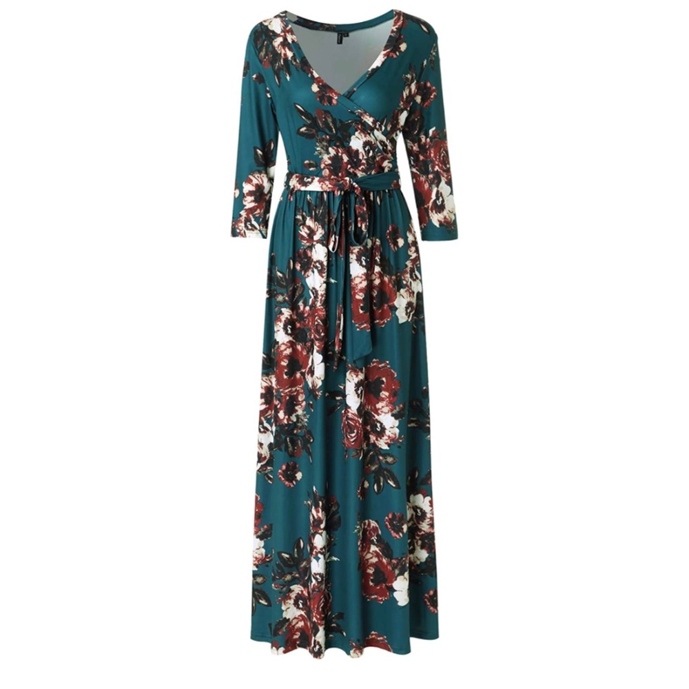 Fall/Winter Floral Maxi Dress - Dark Turquoise & Rust